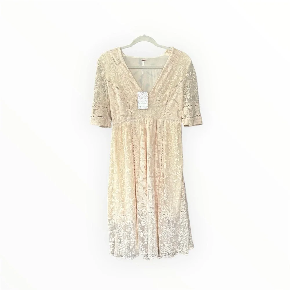 $168 Free People Mountain‎ Laurel Lace Crochet Dress Almond Beige Ivory 4 S NWT